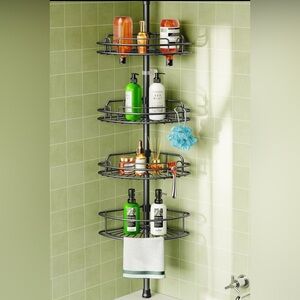 Corner Shower Caddy Tension Pole: 4-Tier Rustproof Organizer - 47-121” Black